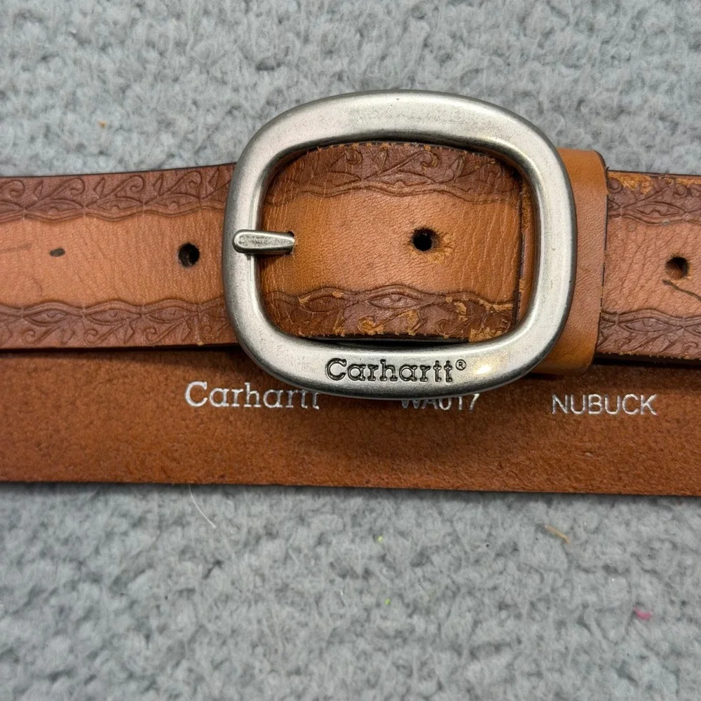 Carhartt WA017 Mens XXL Sz. 44-46 Tan Brown Nubuck Leather Embossed Western Belt